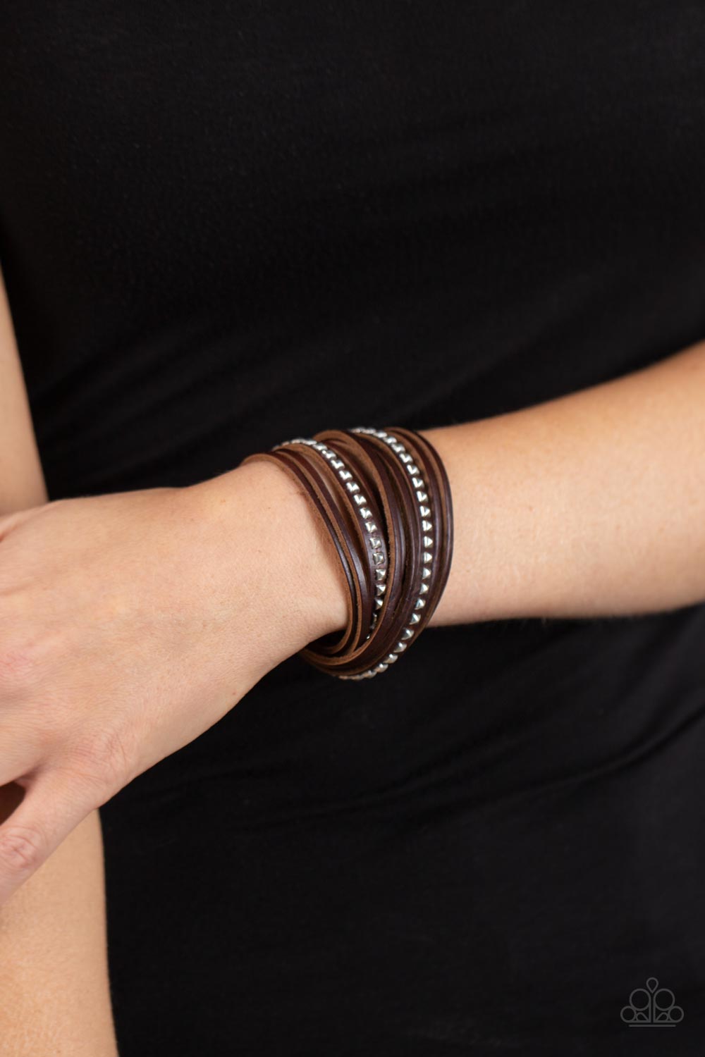 Studded Sensation - Brown Leather Silver Stud Double Wrap Bracelet Paparazzi B1661