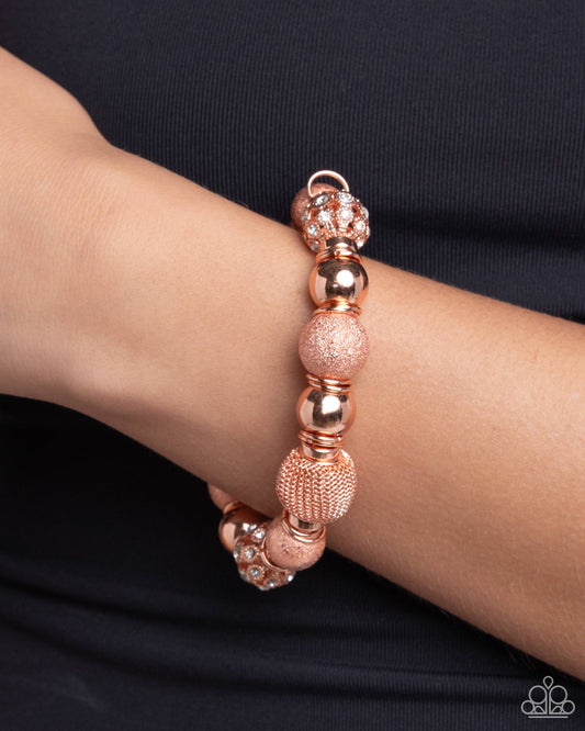 We Totally Mesh - Copper Mesh Bead, White Rhinestone Bead Stretch Bracelet Paparazzi B2236