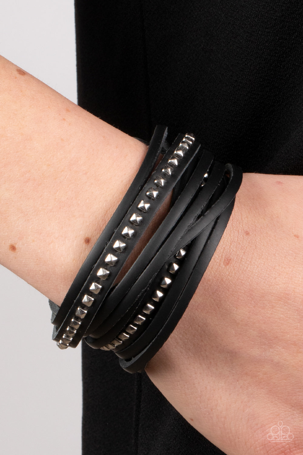 Studded Sensation - Black Leather Wrap Urban Snap Bracelet Paparazzi B2080