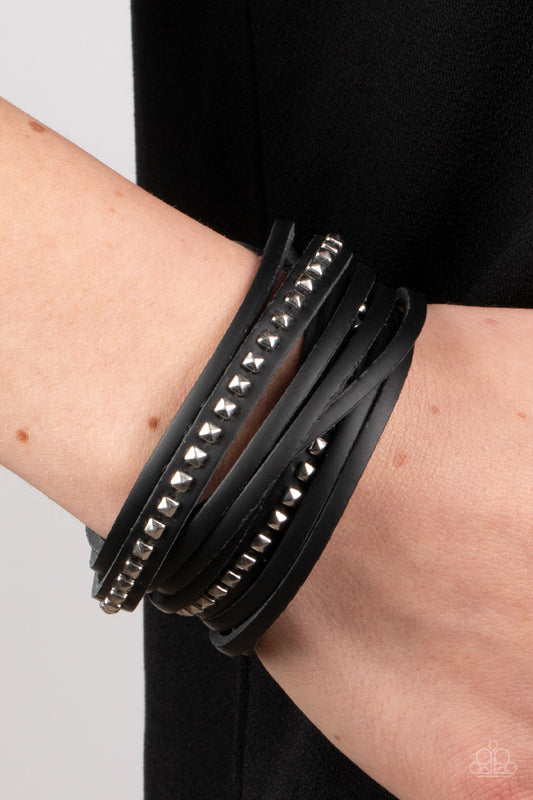 Studded Sensation - Black Leather Wrap Urban Snap Bracelet Paparazzi B2080