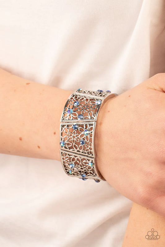 Spring Greetings Blue & Iridescent Rhinestone Flower Pattern Stretch Bracelet Paparazzi B1120