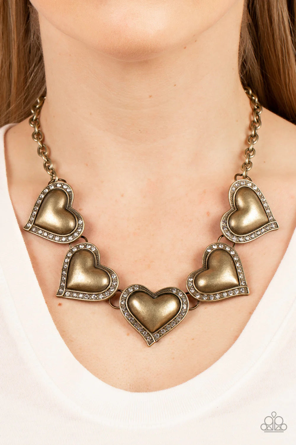 Paparazzi Kindred Hearts - Brass Heart White Rhinestone Necklace N3723