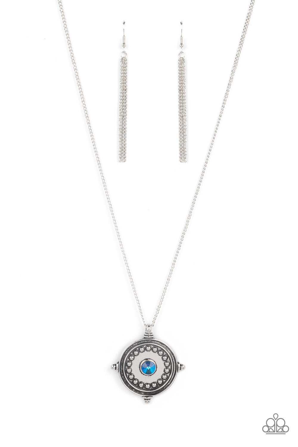 Compass Composure - Blue Rhinestone Silver Compass Style Necklace Paparazzi N2536