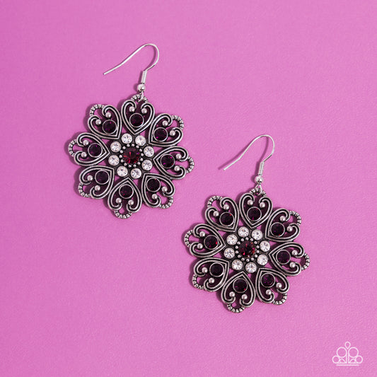 Garden of Love - Purple Rhinestone Heart Shaped Flower Earring Paparazzi E2374