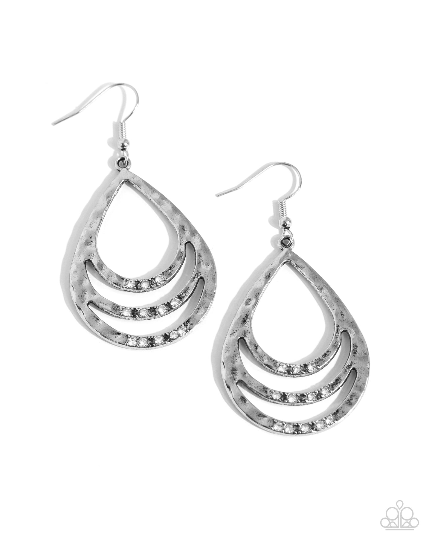 Sojourn Shimmer - White Rhinestone Silver Hammered Teardrop Earring Paparazzi E2054