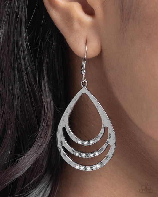 Sojourn Shimmer - White Rhinestone Silver Hammered Teardrop Earring Paparazzi E2054