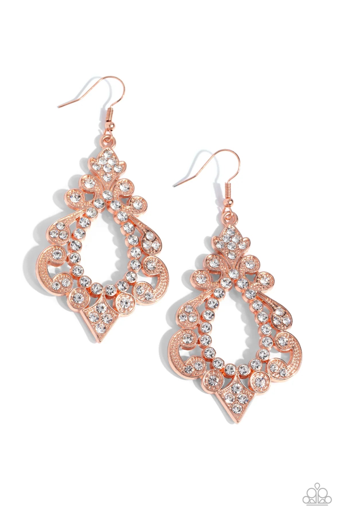 Fit For A Diva Copper - Shiny Copper & White Rhinestone Gem Earring Paparazzi E2083