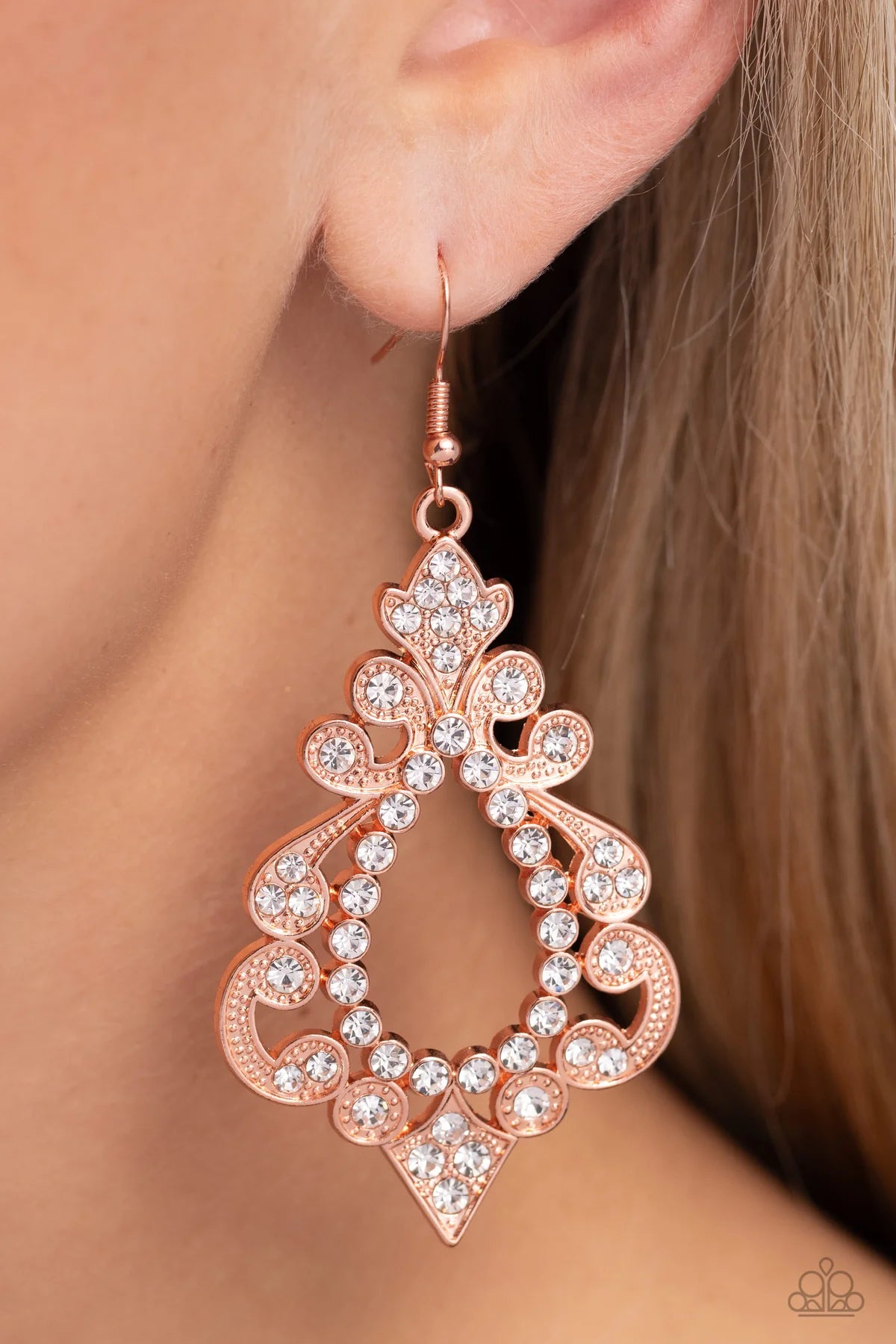 Fit For A Diva Copper - Shiny Copper & White Rhinestone Gem Earring Paparazzi E2083