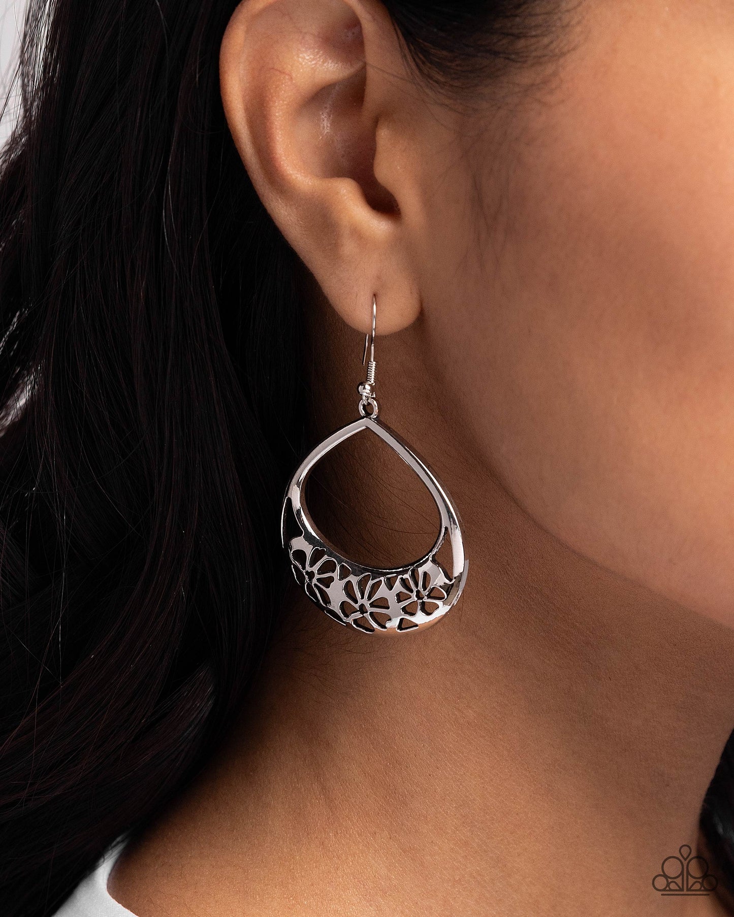 Island Ambrosia - Silver Flower Teardrop Earring Paparazzi E2045