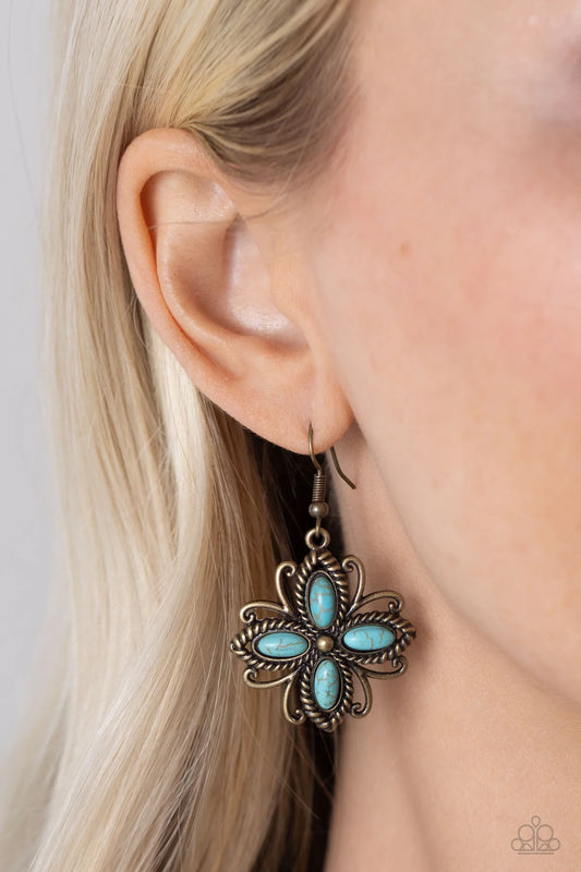 Badlands Ballad - Brass & Turquoise Stone Earrings Santa Fe Style Paparazzi E3082