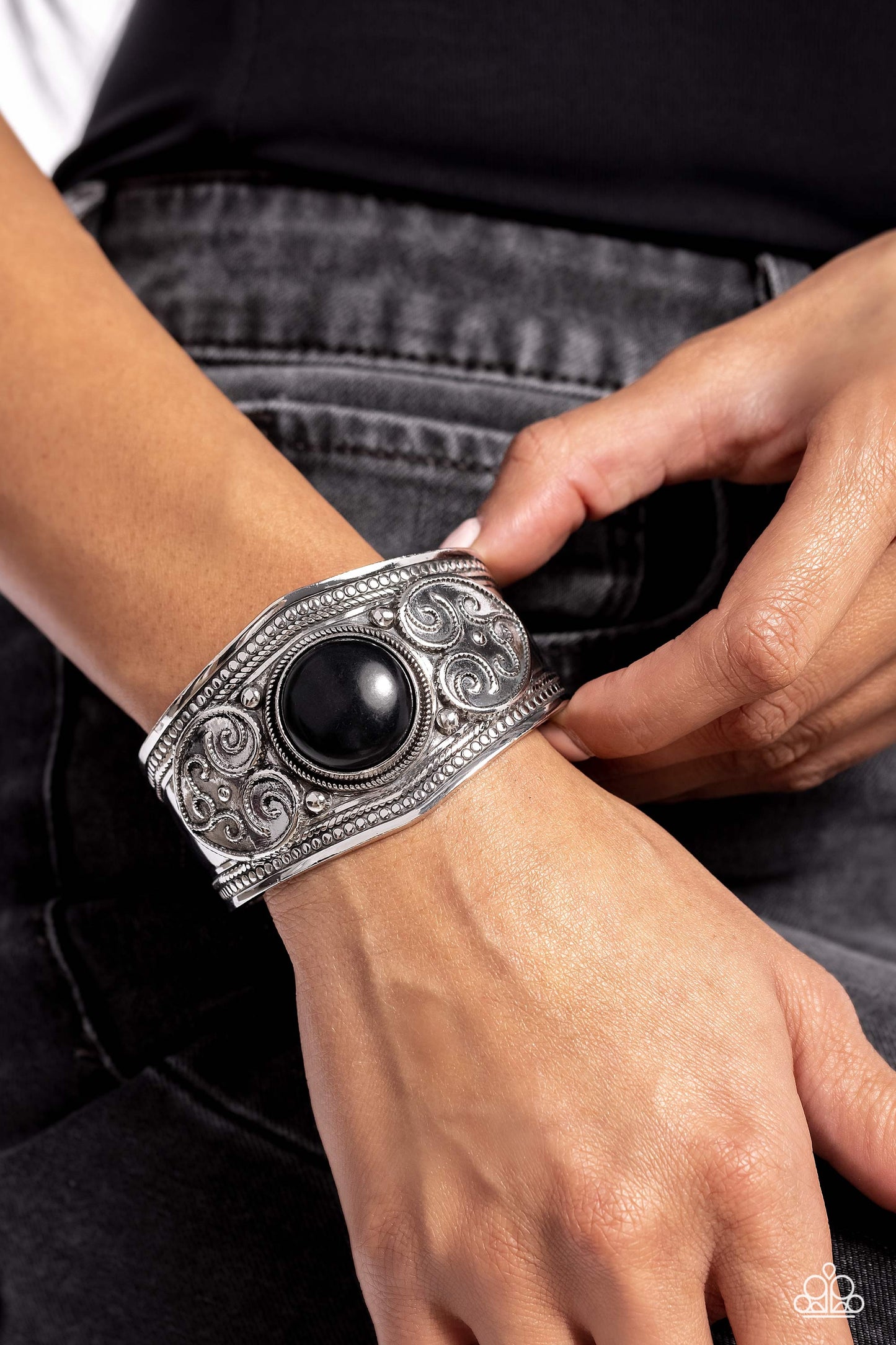 Prairie Romance - Black Stone Santa Fe Style Silver Cuff Bracelet Paparazzi B1651