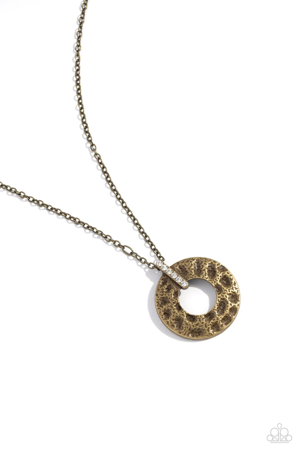 Modern Memento - Brass Hammered Circle White Rhinestone Necklace Paparazzi N3620