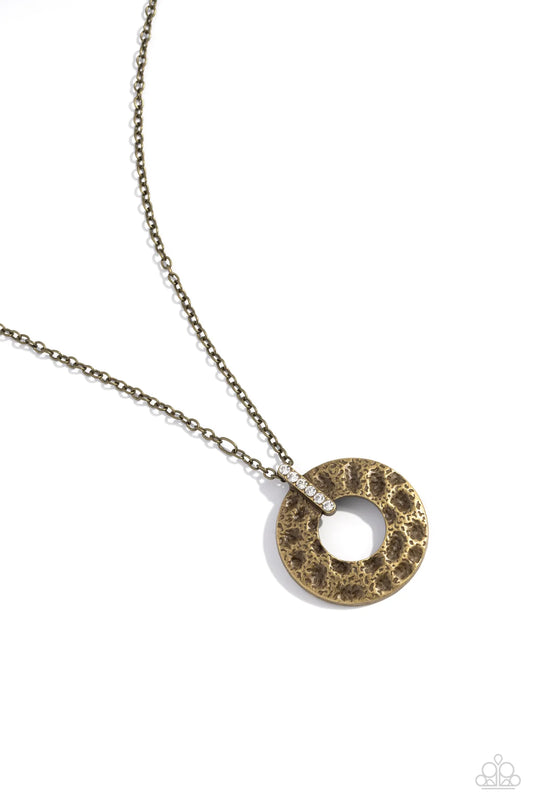 Modern Memento - Brass Hammered Circle White Rhinestone Necklace Paparazzi N3620
