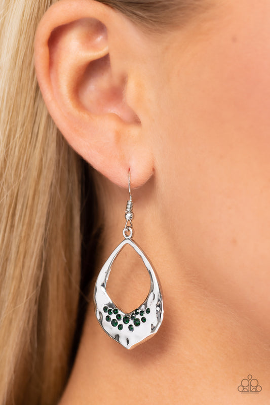 CACHE Reserve - Green Emerald Rhinestone & Hammered Silver Earring Paparazzi E1905