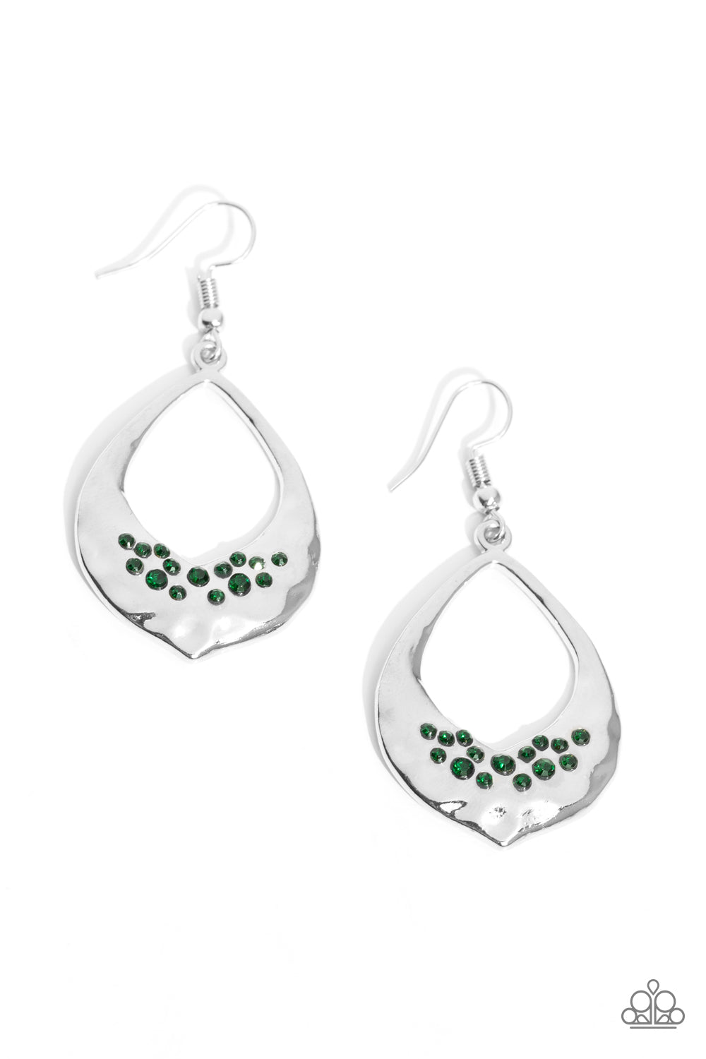 CACHE Reserve - Green Emerald Rhinestone & Hammered Silver Earring Paparazzi E1905