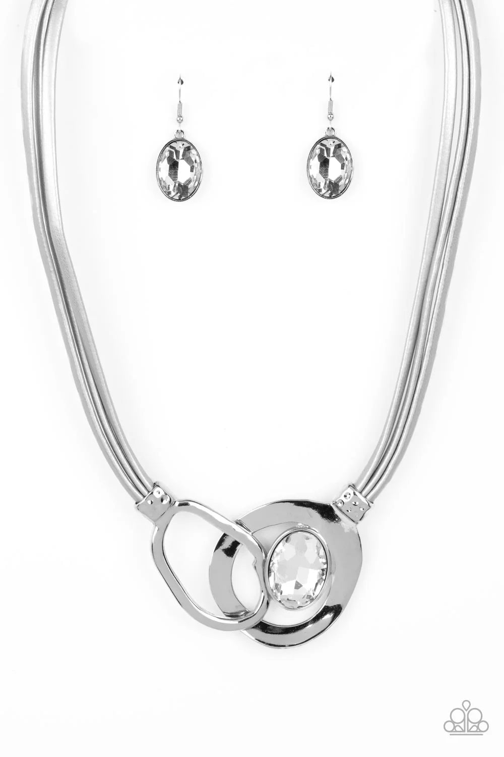 Paparazzi Californian Cowgirl - Silver Oval Leather Cord White Gem Statement Necklace N3993