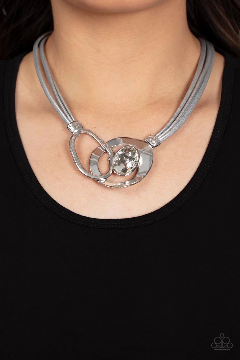Paparazzi Californian Cowgirl - Silver Oval Leather Cord White Gem Statement Necklace N3993