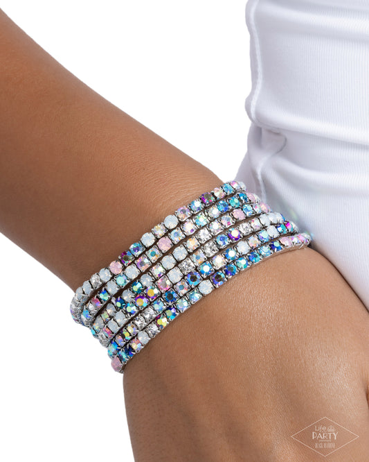 Paparazzi Rock Candy Range - Multi, Opalescent White, Clear, & Iridescent Fuchsia, Baby Pink, Blue Set Of 6 Stretch Bracelets Life Of The Party Black Diamond Encore