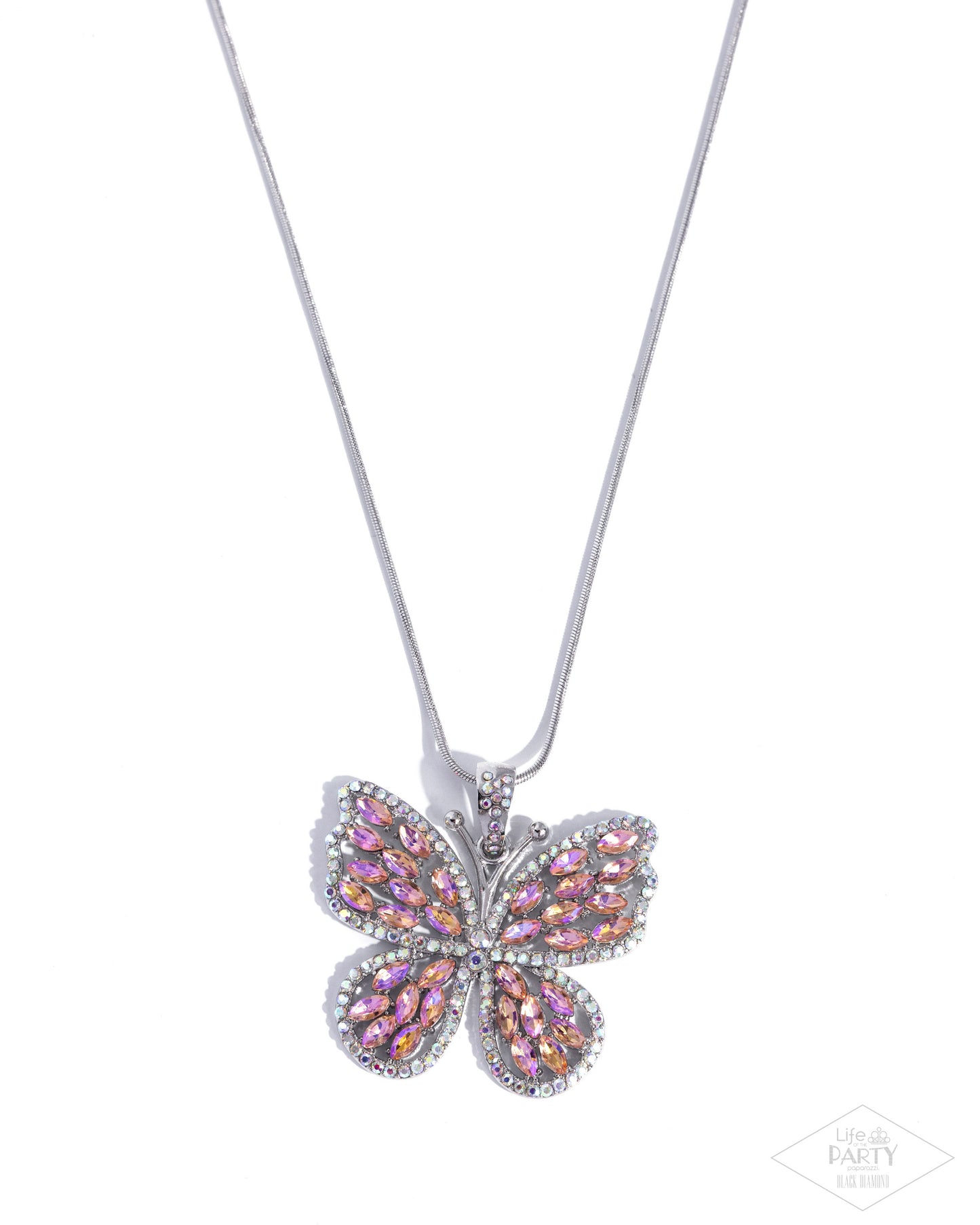 Paparazzi Fame and FLUTTER - Multi Iridescent Orange Rhinestone Silver Butterfly Necklace Life Of The Party Black Diamond Encore N2741