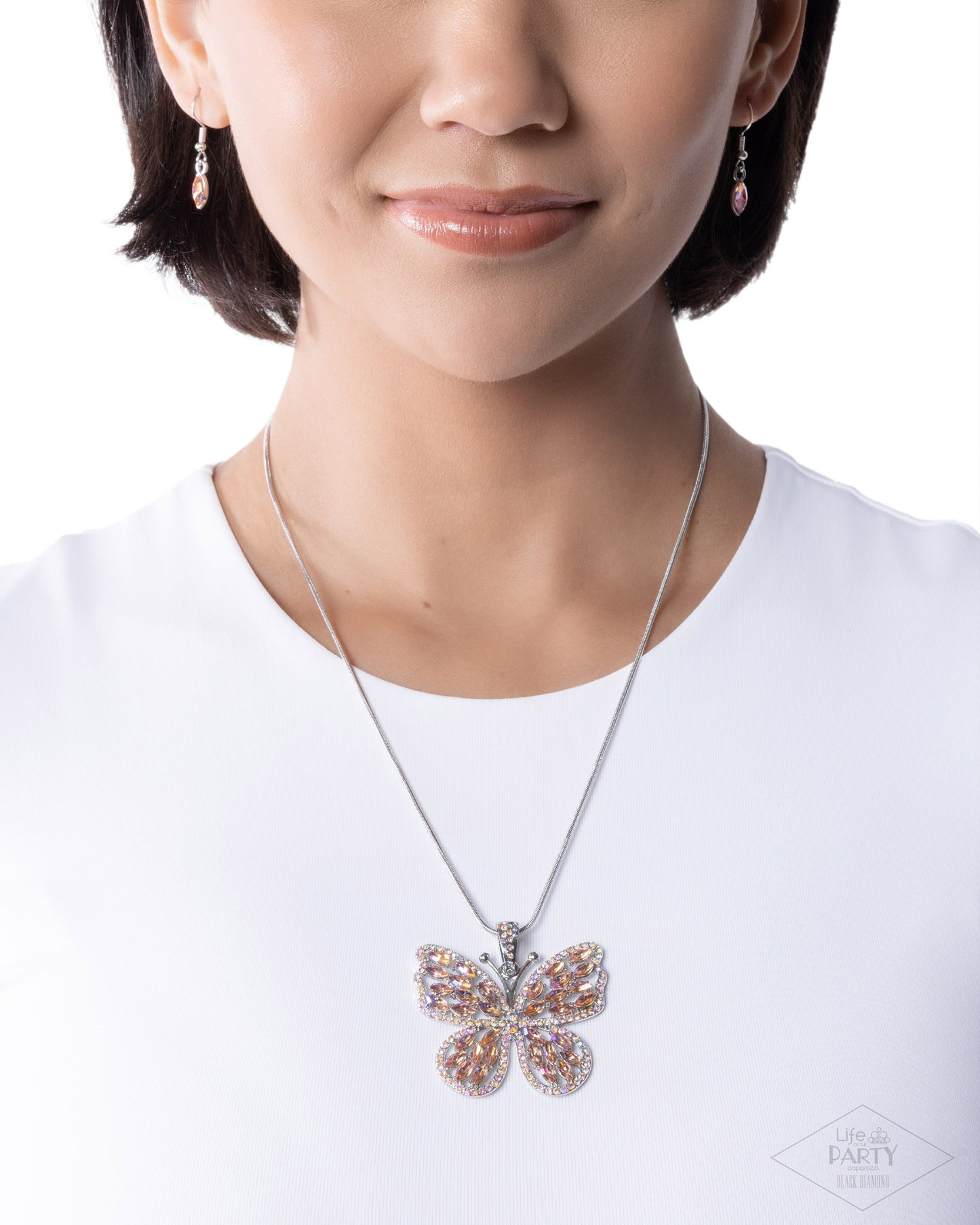 Paparazzi Fame and FLUTTER - Multi Iridescent Orange Rhinestone Silver Butterfly Necklace Life Of The Party Black Diamond Encore N2741