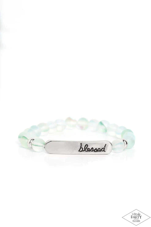 Born Blessed Multi Blue Reflective Stone "Blessed" Inspirational Bracelet Life Of The Party Pink Diamond Encore Paparazzi B1327