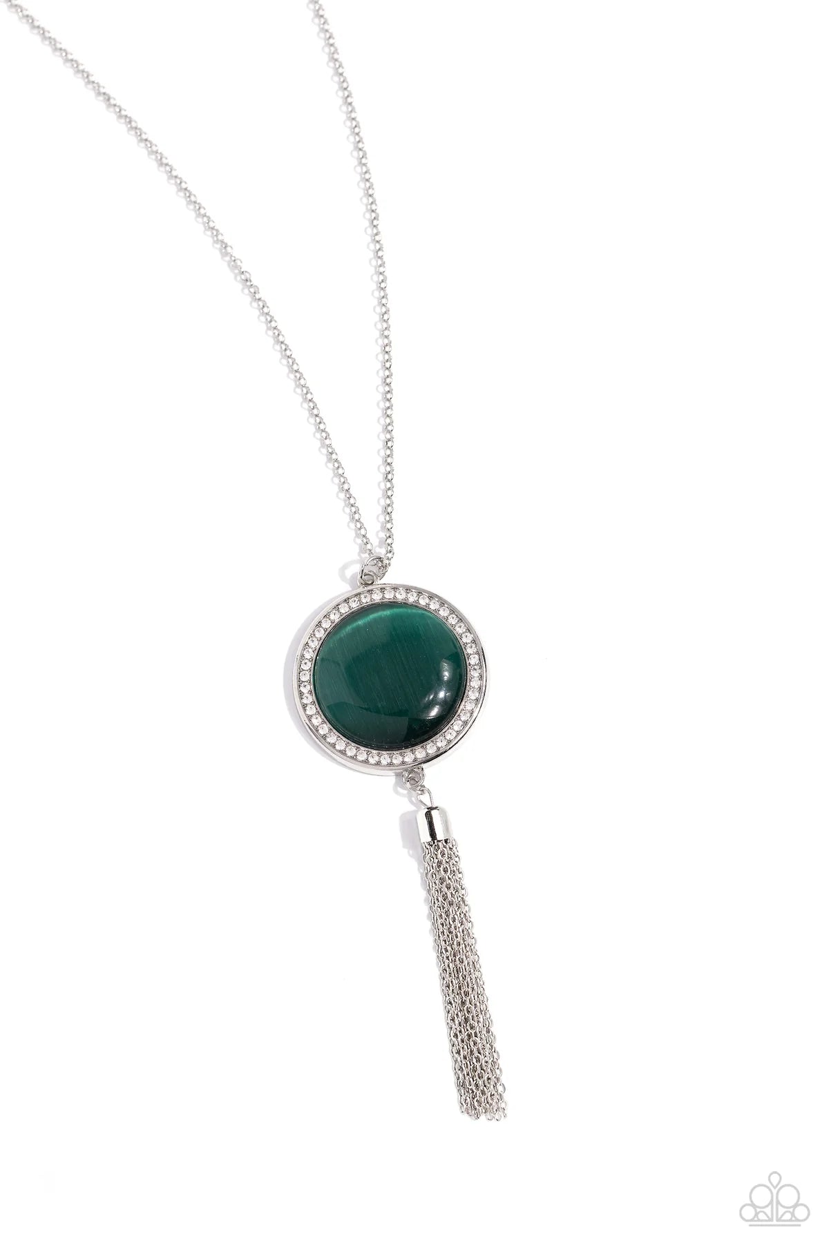 Tallahassee Tassel Green Cat's Eye White Rhinestone Necklace Paparazzi N2014