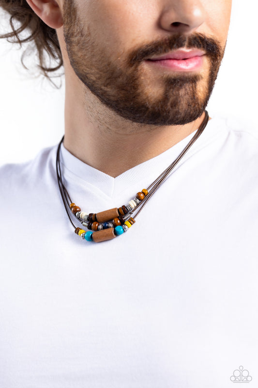 Wish You WOOD - Multicolored Brown, Yellow, Dark Blue & Wooden Bead Urban Necklace Paparazzi N3064