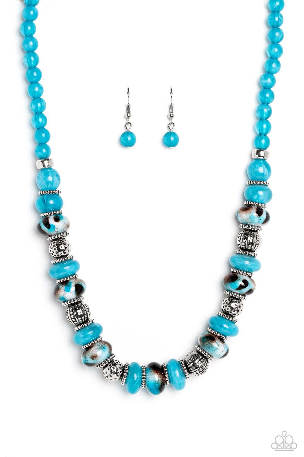 Paparazzi Warped Whimsicality - Blue Turquoise Spotted Bead, Silver Animal Style Necklace N3738