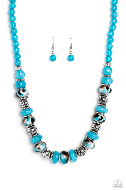 Paparazzi Warped Whimsicality - Blue Turquoise Spotted Bead, Silver Animal Style Necklace N3738