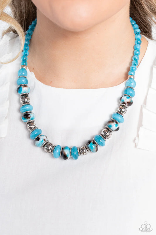 Paparazzi Warped Whimsicality - Blue Turquoise Spotted Bead, Silver Animal Style Necklace N3738