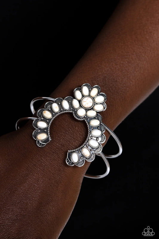 Zen Play On White Stone Silver Santa Fe Style Cuff Bracelet Paparazzi B1309