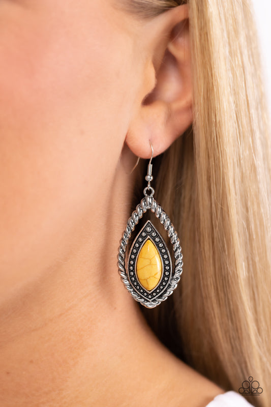 Twisted Trailblazer - Yellow Teardrop Stone Santa Fe Style Earring Paparazzi E2259