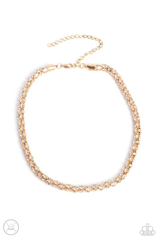 Eternal Effulgence - Gold Mesh Chain Dainty White Rhinestone Coker Necklace Paparazzi N2772