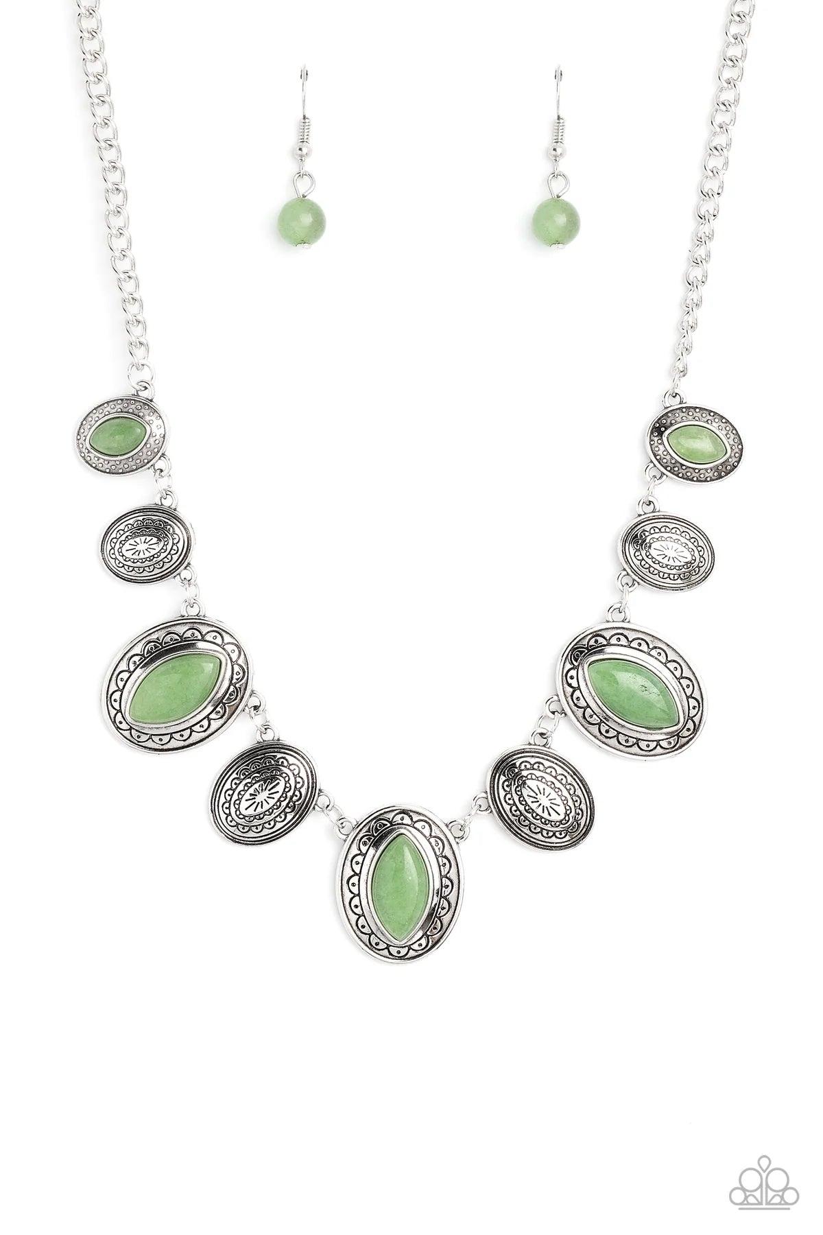 Textured Trailblaizer Green Marquise Stone Silver Necklace Paparazzi N3037