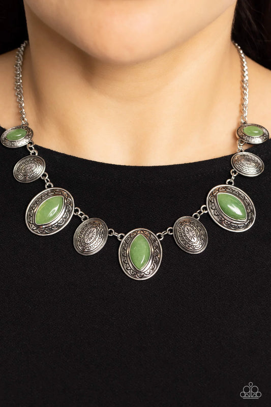 Textured Trailblaizer Green Marquise Stone Silver Necklace Paparazzi N3037