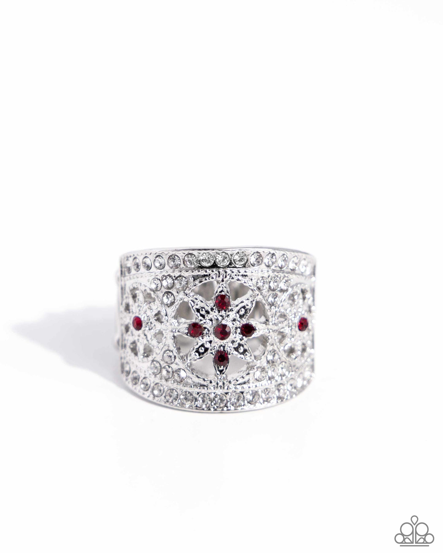 Gilded Glitz - Red & White Rhinestone Floral Ring Paparazzi R0704