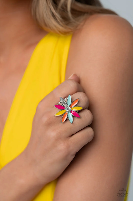 Lily Lei - Multicolored Petal Silver Flower Ring Life Of The Party June 2023 Paparazzi R0487