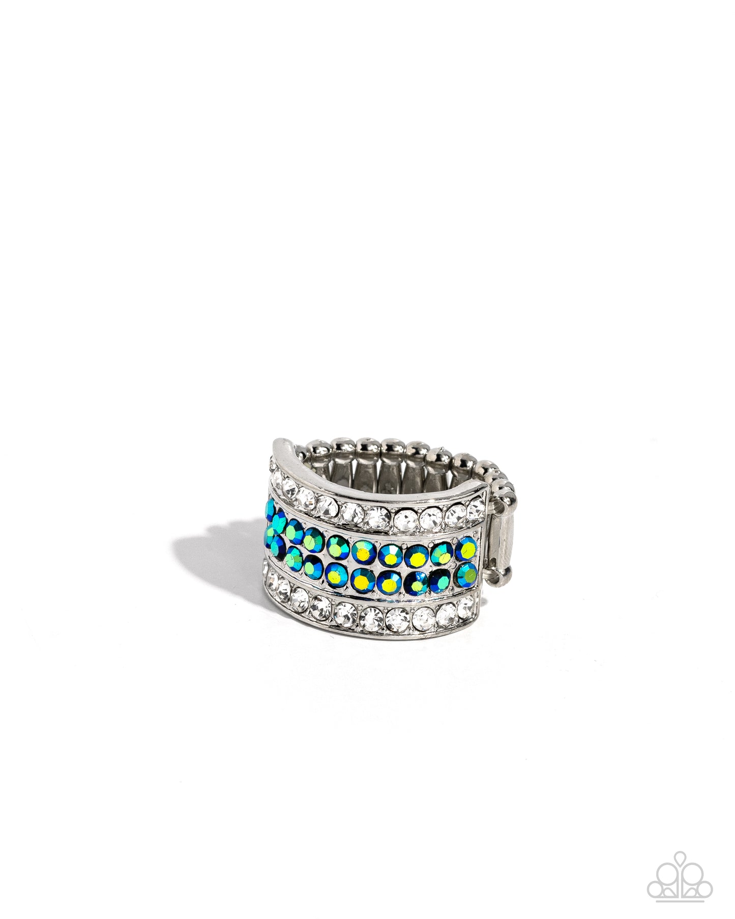 Smoldering Spectacle - Green, Blue Iridescent & White Rhinestone Ring Paparazzi R0731