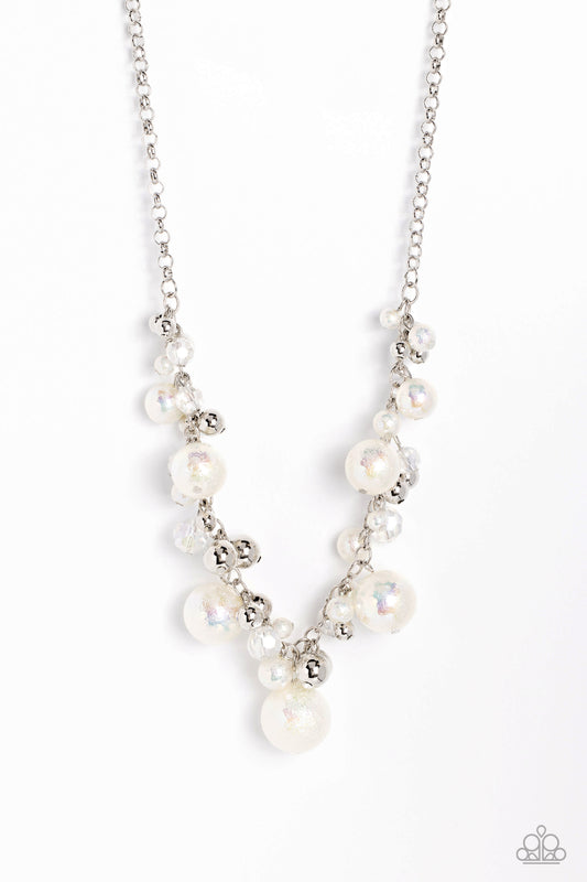 Paparazzi Scratched Shimmer - White Scratch Surface, Iridescent, White & Silver Bead Necklace