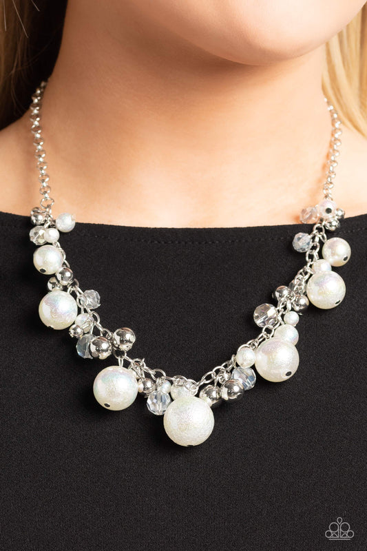 Paparazzi Scratched Shimmer - White Scratch Surface, Iridescent, White & Silver Bead Necklace