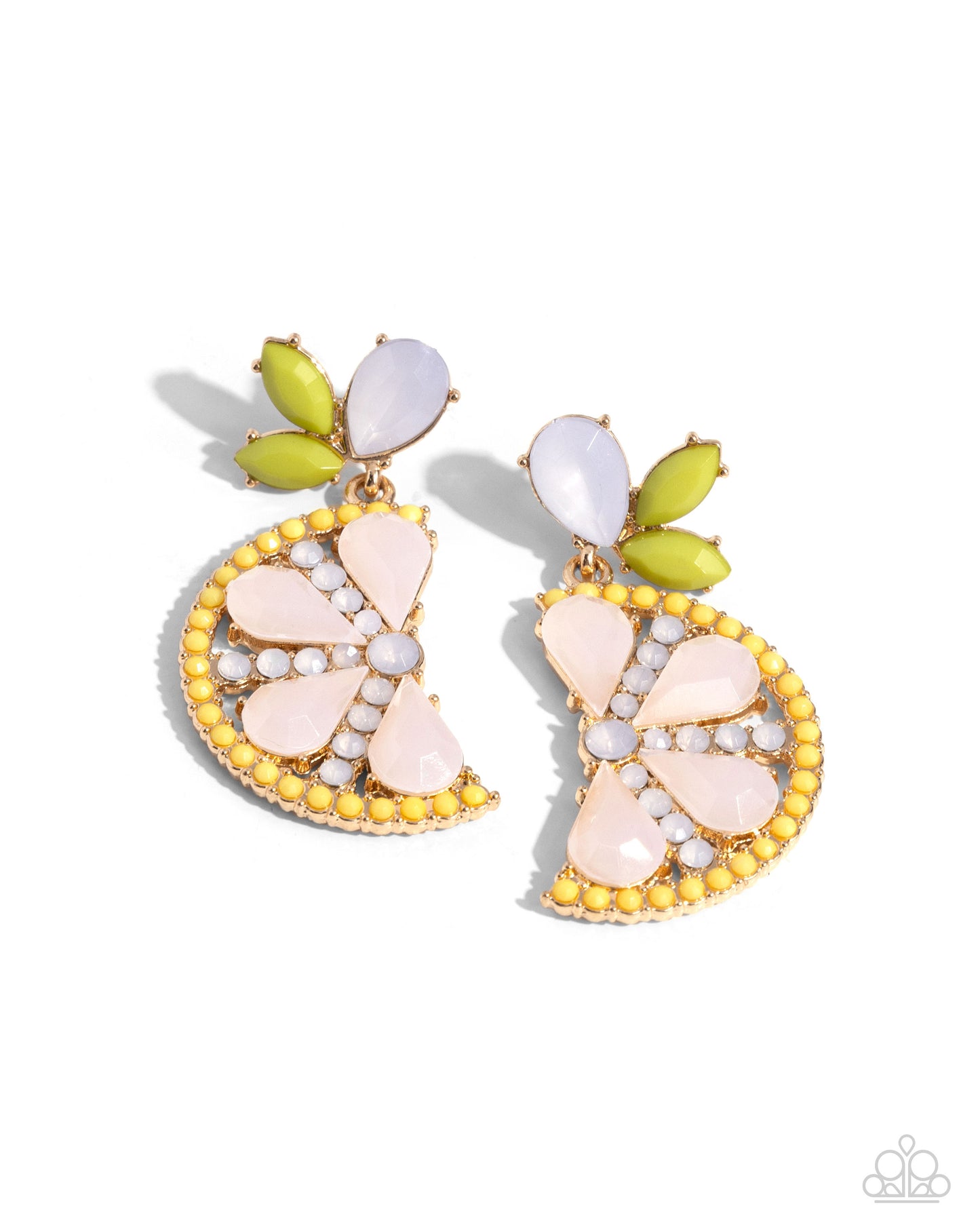 Slice of Summer - Yellow & Gold, Pink Teardrop Opalescent Bead Lemon Slice Frame Post Earring Paparazzi E2070