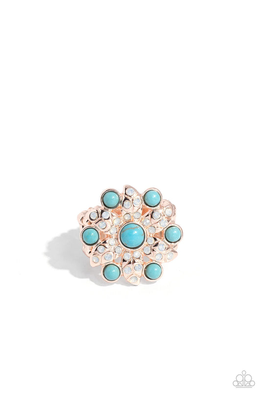 Paparazzi Flower of Life - Rose Gold Turquoise Stone Opalescent Rhinestone Santa Fe Style Ring R1241