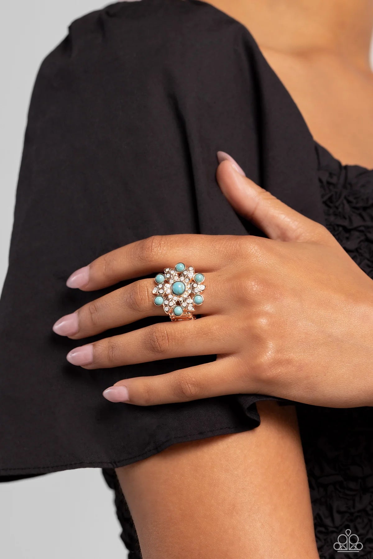 Paparazzi Flower of Life - Rose Gold Turquoise Stone Opalescent Rhinestone Santa Fe Style Ring R1241