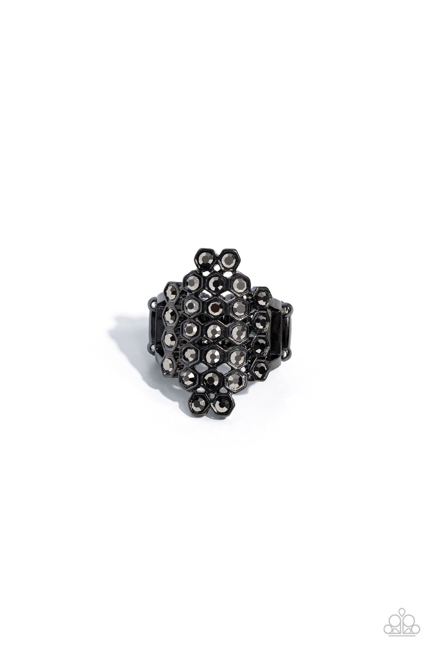 Honeycomb Haute - Black Gunmetal & Hematite Rhinestone Ring Paparazzi R0759