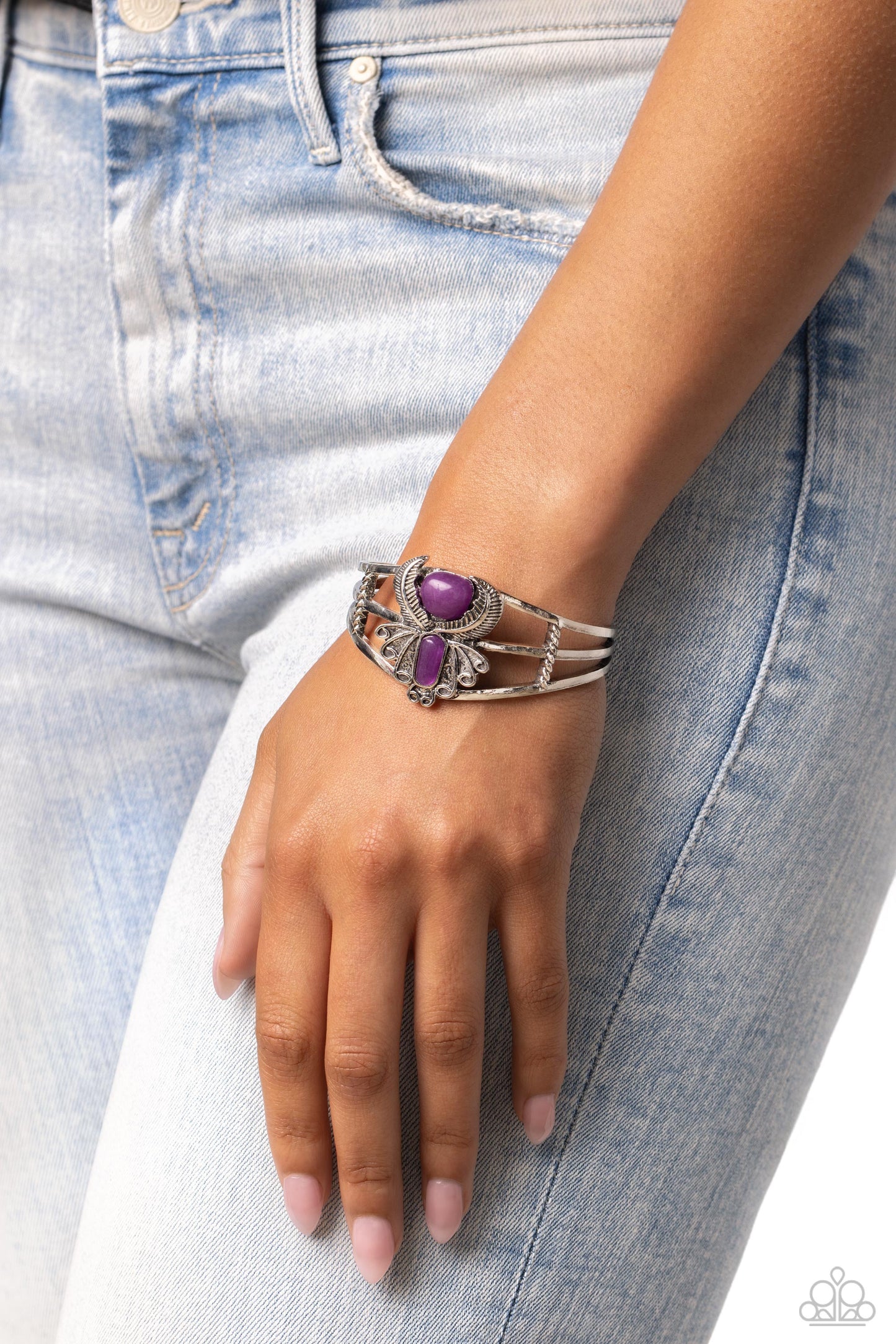 Peacock Plume - Purple Amethyst Stone Santa Fe Style Cuff Bracelet Paparazzi B1667