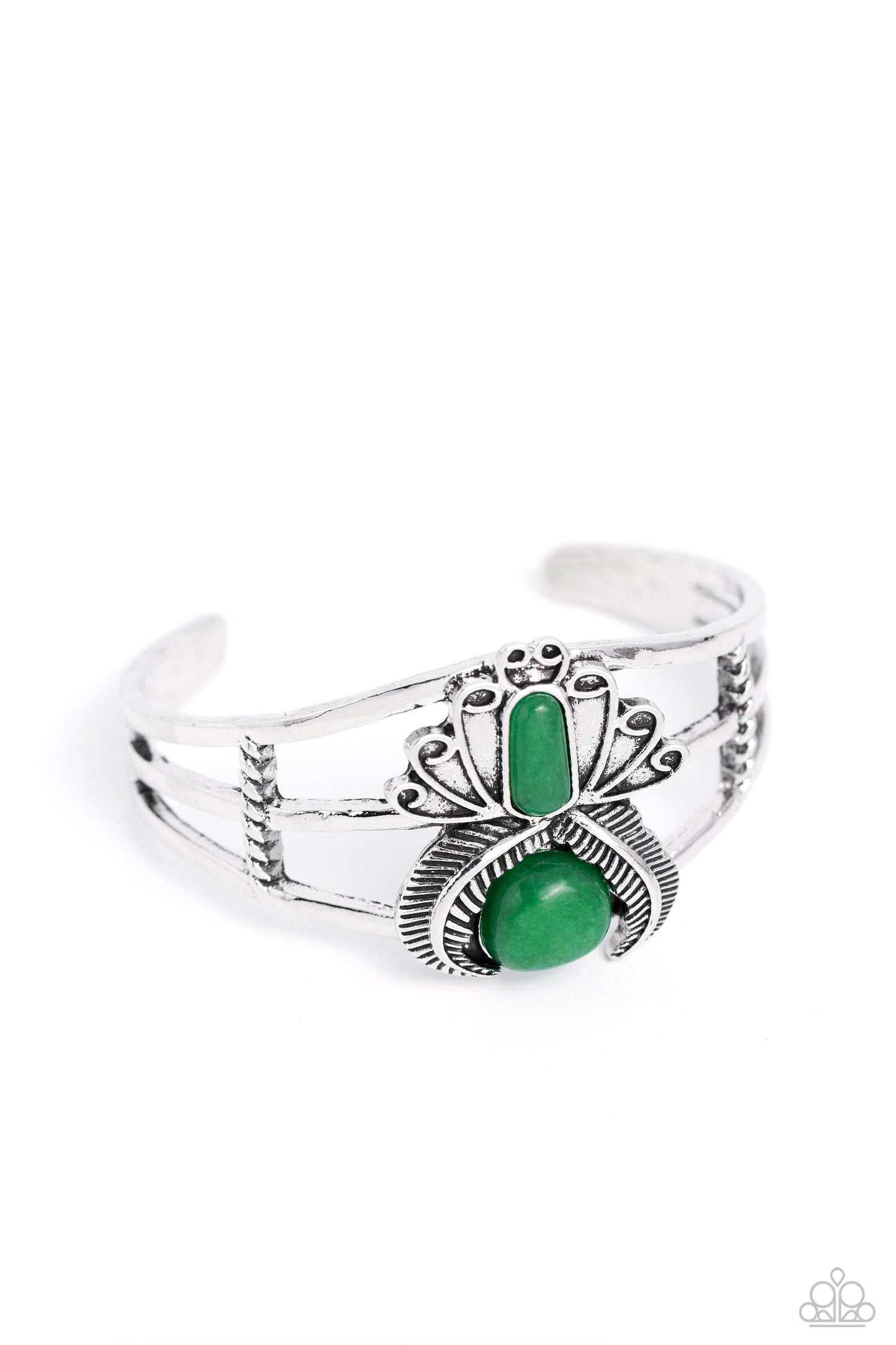 Peacock Plume - Green Jade Stone Silver Peacock & Feather Like Design Cuff Bracelet Paparazzi B1660