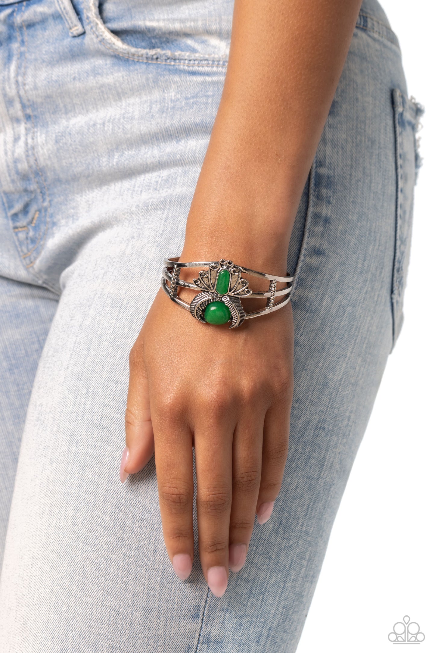 Peacock Plume - Green Jade Stone Silver Peacock & Feather Like Design Cuff Bracelet Paparazzi B1660