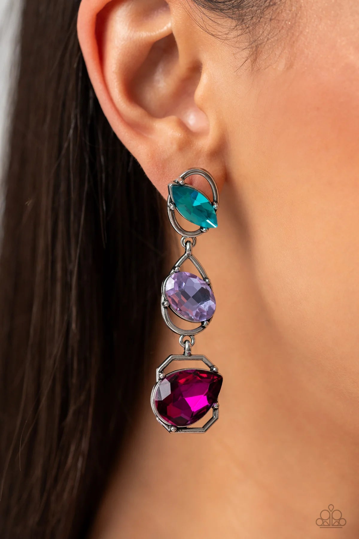 Dimensional Dance Multi Pink, Blue, Purple Gem Life of the Party August 2023 Post Earring Paparazzi E1459