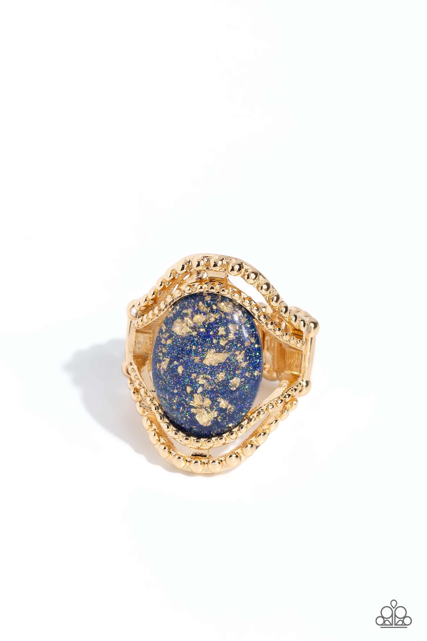 Noble Nebula - Blue Glassy Bead Gold Flecked Ring Paparazzi R0699