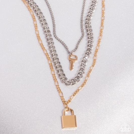 Low Key Layers - Multi Gold Key, Lock Charm & Silver Chain Layered Necklace Paparazzi N2650